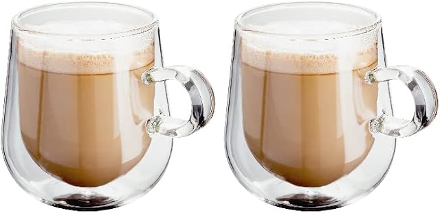 Judge JDG35 Double Walled Glass Coffee Cups with Handle, Set of 2 Hollow Vacuum Sealed, Hand Made, Heat Resistant, Dishwasher Safe, 275ml Latte Cup