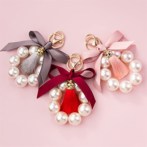 Faux Pearl Bow Keychain, Bow-Knot With Tassel Car Keyring Holder Fashion Jewelry Key Accessories Purse Bag Pendant (Color : Pink, Size : 3.9 In) #TOP3
