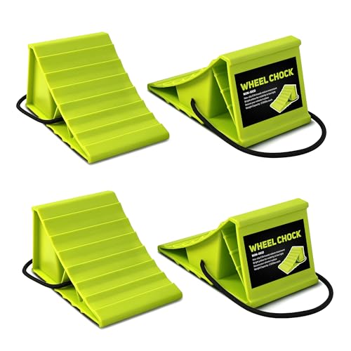 Image of ROBLOCK 4 Pairs Wheel Chocks for Travel Trailers, Non Slip Base Heavy Duty Green Camper Wheel Chockwith Rope, Lightweight Wheel Stoppers for Cars, Camper Trucks, RVs, Easy to Carry, Green