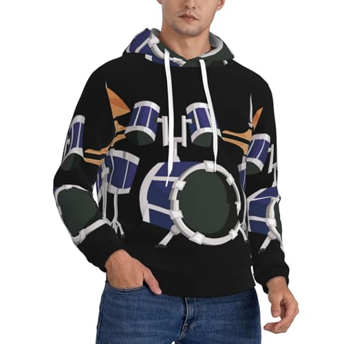 nanger Jazz Drum Print Men'S Casual Hooded Sweatshirt, Thin Fleece Long Sleeve Hoodie Pullover With Pocket