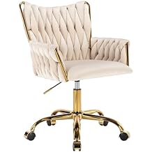 Westice Velvet Desk Chair, Home Office Gold Comfy Chair with Hand Woven Back, Height Adjustable Swivel Chair with Comfy Upholster for Makeup Vanity Living Room Bedroom, Beige