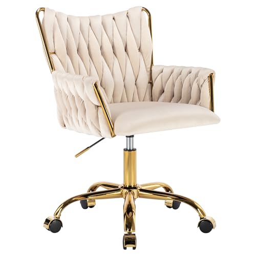 10 Best Chic Desk Chair under $100 for Stylish Home Office Comfort 9 Westice Velvet Desk Chair, Home Office Gold Comfy Chair with Hand Woven Back, Height Adjustable Swivel Chair with Comfy Upholster for Makeup Vanity Living Room Bedroom, Beige