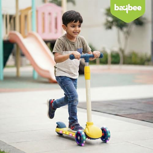 Image of Baybee Rydon Kids Scooter with 3 Height Adjustments | Portable Kick Scooter with PU LED Lights & Rear Brake | 3 Wheel Skating Scooter | Runner Scooter for Kids 2 to 10 Years Boys Girls (Yellow)