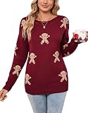 Drvitor Women's Pullover Sweaters Christmas Cute Multi-Gingerbread Sweater (Wine Red, X-Large)