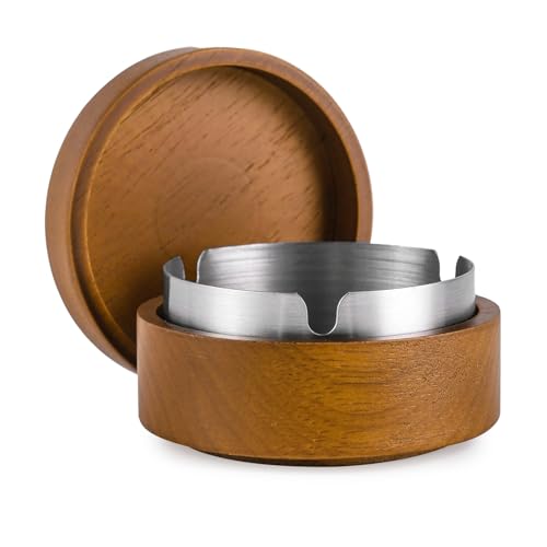 Wooden Cigarette Ashtray With Lid, Smokeless Ashtray Stainless Steel Liner Smell Proof, Windproof Cigarettes Ash Tray Portable For Indoor Outdoor Outside Patio