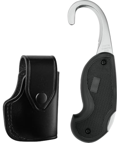 JAY-PEE 911 Rescue Tool Cut Down Knife with Leather Pouch Seat Belt Cutter Rounded Stainless Steel Emergency Safety Hook Knife with Leather Holder Foldable Compact for Corrections Prison Guards and