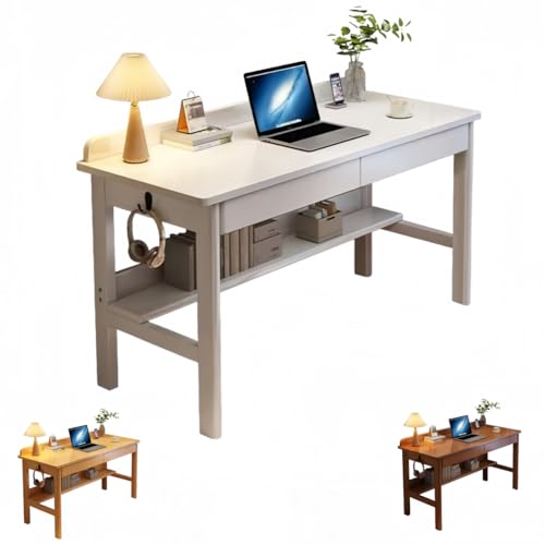 TAKEY パソコンデスク 机 つくえ 天然木 引き出し付き 側面フック付き 天板ガード 下棚 収納たっぷり 組み立て コンパクト シンプル 安全仕上げ 頑丈 実用性 食卓 学習 オフィス ベッドルーム 書斎 リービング (ホワイト - デスク,80x40