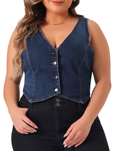 Agnes Orinda Plus Size Denim Vest for Women Sleeveless V Neck Button Down Casual Jean Waistcoat Jacket