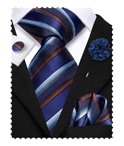 Image of Hi-Tie Mens Dark Blue Striped Ties Woven Classic Neckties Lapel Pin Pocket Square Cufflinks Sets Formal Business Wedding
