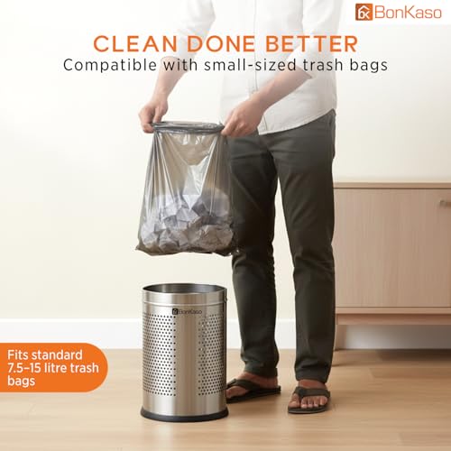 Image of Bonkaso 9L Stainless Steel Perforated Dustbin (8x12 Inch), Open Top Trash Bin Without Lid, Rust Proof & Durable Garbage Can for Home, Kitchen, Bathroom & Office Use, Silver Finish