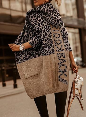 chouyatou Women's Color Block Leopard Print Open Front Hooded Long Knit Cardigan Sweaters with Pockets3