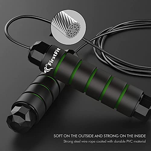 Image of FirstFit Jump Rope Tangle-Free Rapid Speed Jumping Rope Cable with Ball Bearings for Women, Men, and Kids, Adjustable Steel Skipping Rope with Foam Handles for Gym Fitness - Black & Green