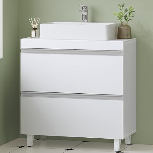 Hzuaneri Waschbeckenunterschrank, Badezimmerschrank mit 2 Schubladen, Badezimmer Unterschrank, Viel Stauraum, Waschtischunterschrank freistehend, 30 x 60 x 64 cm, weiß BC26903X