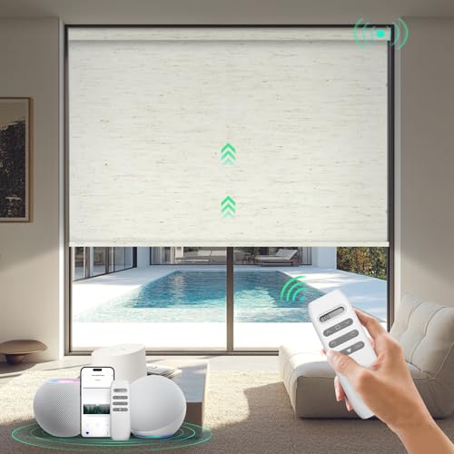 HeyBlinds Motorized Blinds with Remote, 100% Blackout Smart Blinds, Automatic Shades for Windows Compatible with Alexa Google and Homekit, Custom Size(Nature-Oat Milk BO)