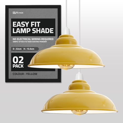 Modern industriell taklampa i metall, 32 cm stor kurvig enkel passform hängande lampskärm med gratis reduceringsplatta för vardagsrum, kök, hall (gul – 2-pack)