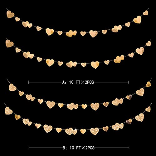 Image of 40Ft Champagne Gold Heart Banner Double Sided Paper Garland Heart Hanging Streamer for Wedding Birthday Anniversary Bachelorette Engagement Bridal Baby Shower Valentines Hen Christmas Party Decoration