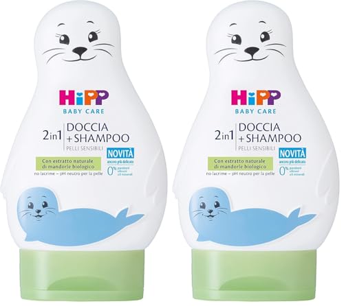 HiPP - Baby Care Doccia Shampoo per Bambini a Forma di Simpatica Foca, Deterge con Delicatezza Corpo e Capelli, pH Neutro, con Estratto di Mandorle Bio, 1 Flacone da 200 ml (Confezione da 2)