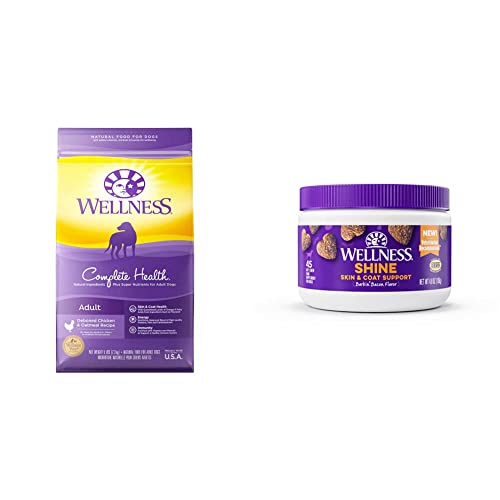 Wellness Complete Health + Supplements Bundle: Natural Dry Dog Food, Chicken & Oatmeal, 5-Pound Bag Skin & Coat Soft Chew Dog Supplements, Barkin' Bacon Flavor, 45 Count #TOP23