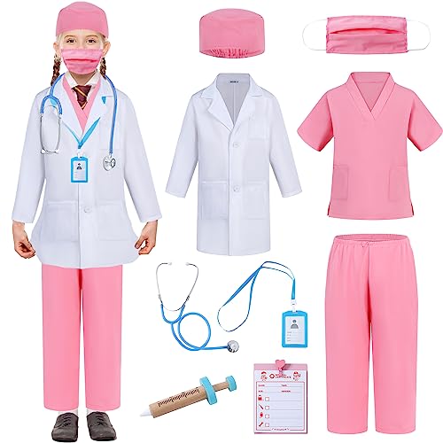 Aoiviss Doctor Costume for Kids Scrubs Pretend Play Kit with Doctor Lab Coat and Stethoscope Halloween Dress up for Boys Girls, Pink by Aoiviss - Image 2