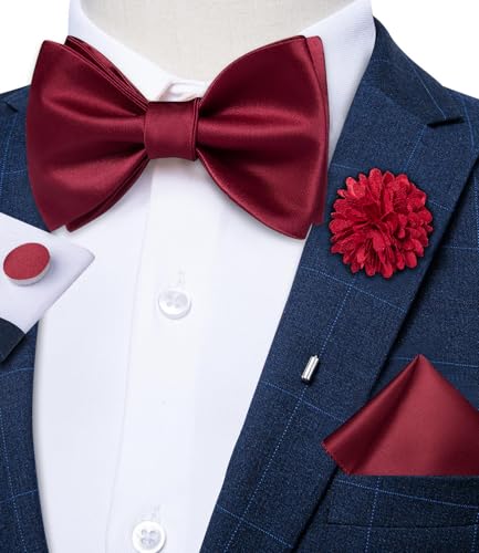 Image of DiBanGu Satin Bow tie Self-Tied Bowtie Set for Men Wedding Prom | Solid Color,Skin-Friendly,Versatile Accessory,Lapel Pin,Pocket Square,Cufflinks,School Dance,Banquet,Dinner,Celebration