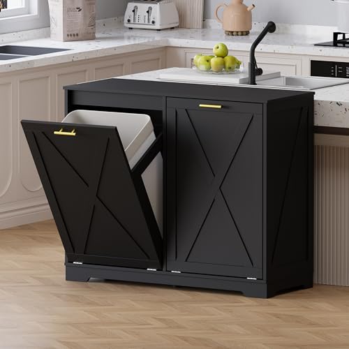 Image of Double Tilt Out Trash Can Cabinet, Wooden Farmhouse Kitchen Garbage Bin Enclosure with Negative Ion Odor Control, Hidden Dog Proof Trash or Laundry Basket Storage for Laundry Room, Black