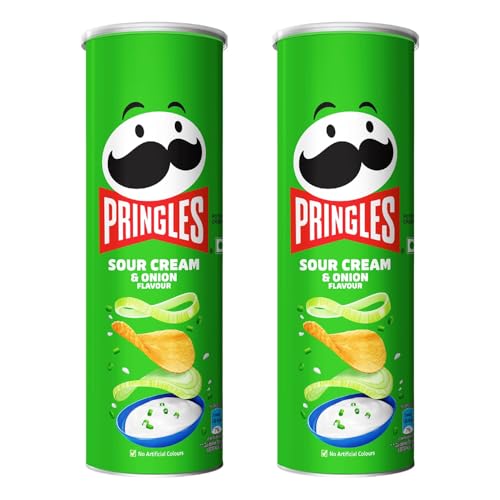 Image of Pringles Sour Cream & Onion Flavour | Potato Chips | Crispy Snack | Crunchy Snack food for Movies, Games & More | On-the-Go Can | Pack of 2 | 107g * 2