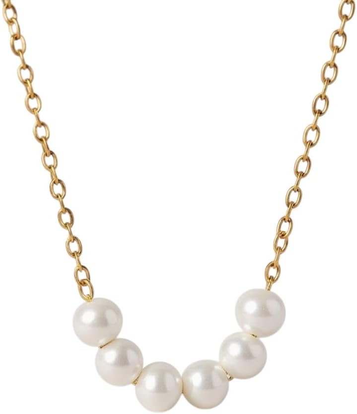 18K Gold Plated Stainless Steel Tarnish Free Minimalist Freshwater Pearl Beads Choker Necklace Nickel Free Hypoallergenic - Size 16"
