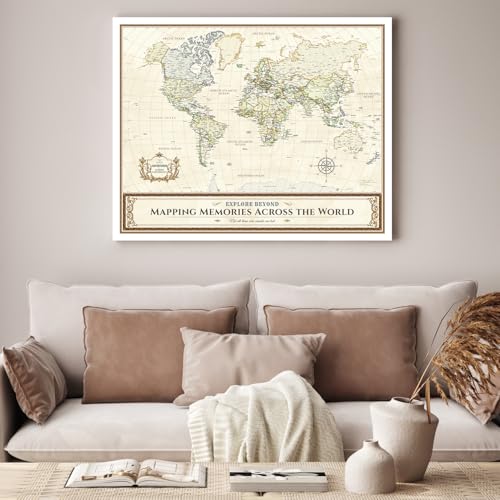 Image of DECORARTS - World Travel Map with Pins, Pin Board Canvas Wall Art, Colorful Classic Maps for Wall Decor, Giclee Print on Canvas, Handcrafted in USA, 30x24''