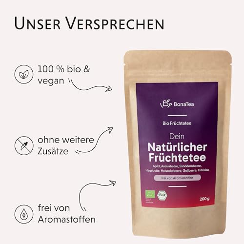 BIO Natürlicher Früchtetee lose ohne Aromastoffe, Mild und Natürlich mit Sanddornbeeren, Holunderbeeren und Aroniabeeren, 200g