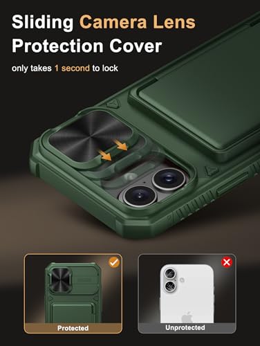 Image of Vihibii for iPhone 16 Plus Case with Card Holder (4 Cards) [RFID Blocking] & Slide Camera Cover, Military Grade Drop Protection, Rugged Hard Back & Silicone Edge Wallet Phone Cover, 6.7 inch 2024, Green