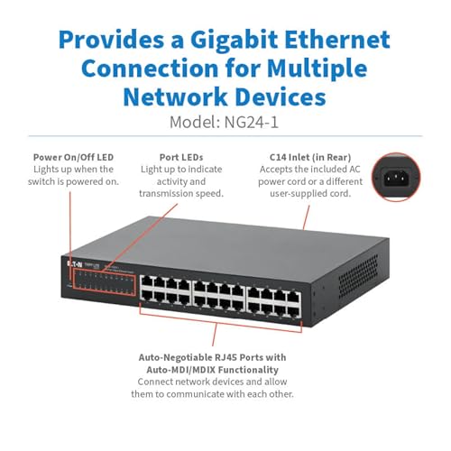 Image of Eaton Tripp Lite Series 24 Port Switch Unmanaged Gigabit Ethernet, Metal Enclosure, Plug-and-Play, Ethernet Splitter, Auto-Negotiable, Desktop and 1U Rack Mount Switch, 3-Year Warranty (NG24-1)
