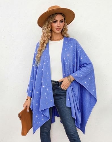 Image of Womens Rhinestones Open Front Poncho Shawl Wrap Cape Ruana Travel Blanket Cardigan