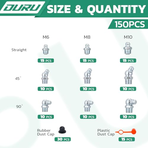 Image of OURU 150PCS Grease Fittings Kit, Metric Zerk Grease Fittings Straight 45 90 Degree with Grease Fitting Caps for Grease Gun