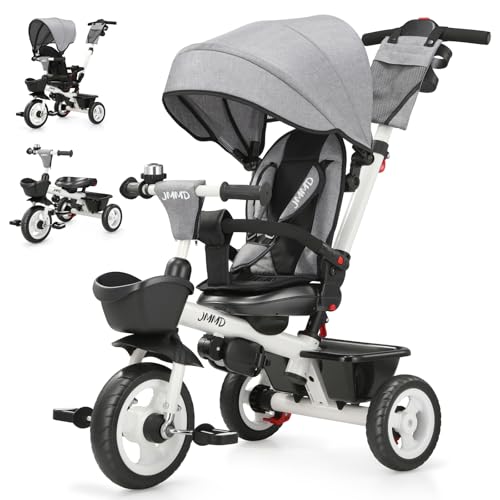 JMMD 7 in 1 Tricycle Stroller with Push Handle, Baby Trike with 360° Swivel Seat, Reclining Backrest, All-Terrain Wheels, Dual Brakes, Canopy & Storage, Gift for Kids 18 Months to 5 Years, Gray