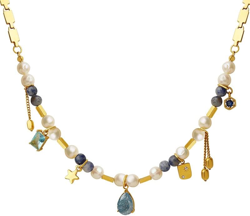 14k Gold Freshwater Pearl Pendant Necklace for Women,Sparkling Natural Gemstone Gold Chain Choker Necklace,Fashion Jewelry Gift for Her