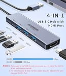 USB à HDMI Adaptateur en alliage d'aluminium 4-in-1 USB 3.0Hub. avec 1080p pour PC Ordinateur portable, Puissance de type c (uniquement pour adaptateur), 3 Extra USB Ports, hdmi uniquement pour Windows 8/10/11. (USB 3.0)