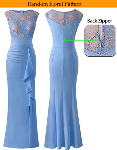 Vfshow Womens Light Blue Lace Ruched Ruffles High Split Front Zipper Formal Evening Gown Maxi Dress 9588 Blu L #TOP4