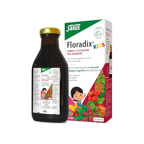 Salus Floradix Kids - Integratore alimentare per favorire il normale sviluppo cognitivo con Ferro e Vitamine per bambini, gusto lampone - 250ml