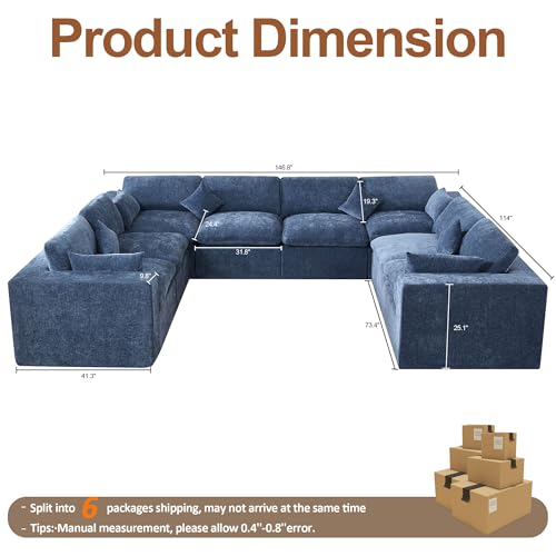 Image of 146''Cloud Boneless Sectional Couch, Modular Sectional Sofa Deep Seat, Oversized Upholstered Convertible Comfy 8 Seater Chenille Memory Foam Sofa U Shape Couches for Living Room, Blue