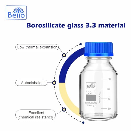 Image of Bello Borosilicate Glass reagent bottle 100ml with leak proof Blue Screw Cap pack of 6pcs for glassware wide mouth sample bottles for lab, laboratory, kitchen and professional use