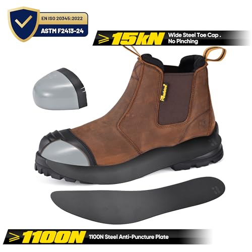 Image of Mens Work Boots Steel Toe Chelsea Safety Boots Cow Leather Waterproof Lightweight Working Shoes