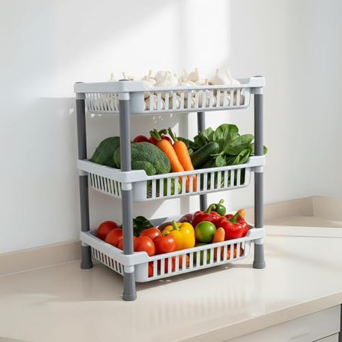 Image of MATIC HOUSEWARE 3-Layer Multipurpose Rack Stand | Durable Plastic Storage Organizer for Vegetables, Fruits, Pantry Items & Home Essentials | Space-Saving Free-Standing Shelf for Home & Kichen (Grey)