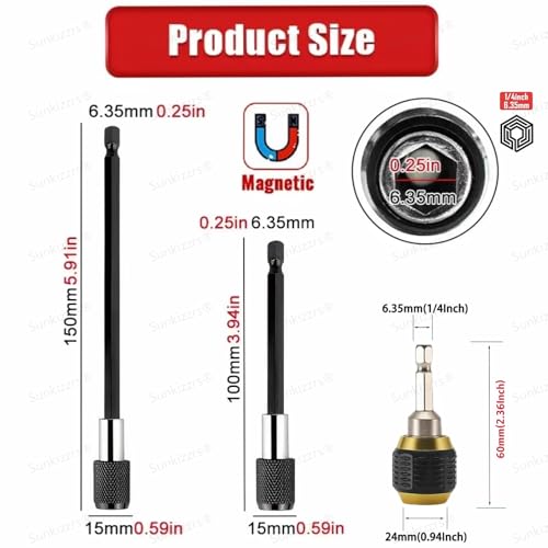 Image of Sunkizzrs 3-Pcs Magnetic Bit Holder 1 /4 inch (6.35mm) Hex Shank - Quick Release Screwdriver Extension Bar - 60+100+150mm Length Self-Locking Drill Bit Holder for Handheld Drivers or Power Drill