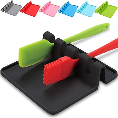 Spoon Holder Kitchen,Silicone Spoon Rest Kitchen,Tea Spoon Holder Rests,Teabag Dish,Teaspoon Rest,Silicone Cooking Utensil Rest with Drip Pad,Kitchen Holder for Spoons, Ladles, Tongs,Spatula(Black)