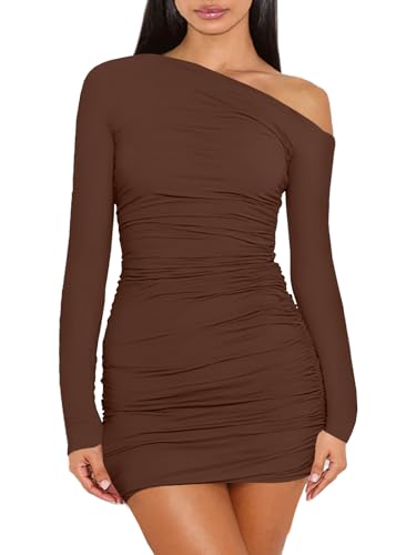 Women's Sexy Off Shoulder Long Sleeve Ruched Bodycon Elegant Cocktail Party Mini Dresses