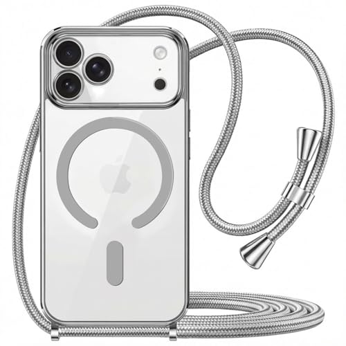 T Tersely for iPhone 17 Pro Max Soft TPU Case with Magnetic Adsorption, Adjustable Crossbody Strap, Neck Cord Lanyard and Wrist Tether Safety Straps - Silver
