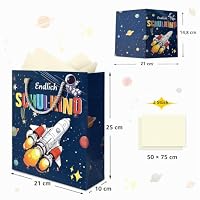 Geschenktüte Einschulung – 3 Stück mit Raketen-Design, Seidenpapier & Gratulationskarte – Geschenkverpackung zum Schulanfang in edlem Blau – Ansicht 2