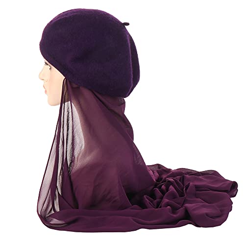 Women Muslim Hijab Cover Long Scarf with Beret Hat Instant Hijab Wrap Scarves Head Scarf3