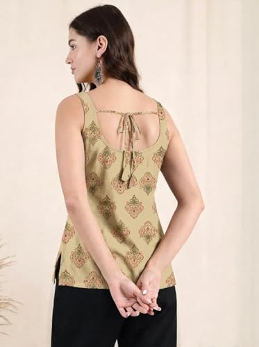 Image of Pinkmint Women Cotton Blend Printed Short Kurti Top (Pack of 2) | Stylish Casual Wear | Sleeveless Top | Back Dori Design | Comfortable Kurta Tops