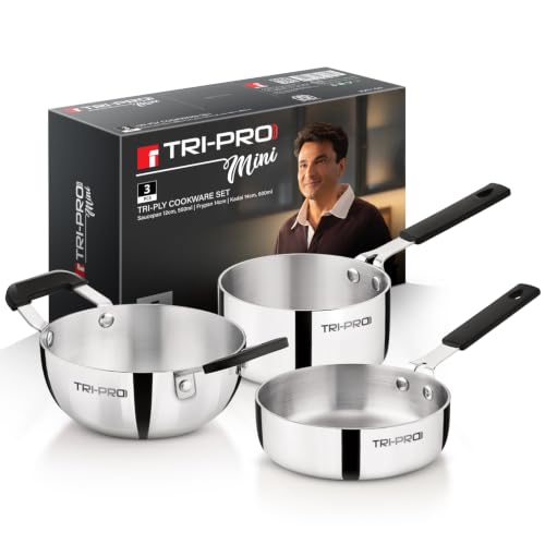 Image of TriPro Triply Mini Cookware Set 3 Pcs Mini Set - 12cm (550ml) Saucepan, 14cm Frypan, 14cm (600ml) Kadai, Compact Kitchen Cooking Set, Bakelite Handle, Healthy Cooking - Induction and Gas Stove Ready